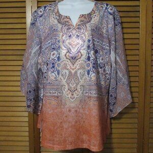 One World top romantic boho, peach & purple NWOT, V neck with stretch size XL